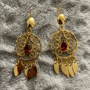 Gold Tone Earrings Vintage - Red Jewel